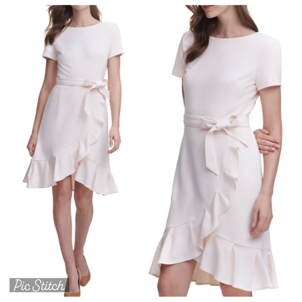 NWOT Calvin Klein Belted Ruffle Hem Ivory Dress